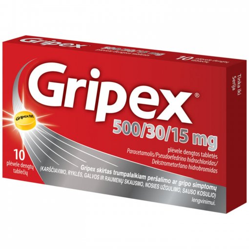 Peršalimo arba gripo simptomų lengvinimui Peršalimo siptomams GRIPEX, 500/30/15mg, 10 tab. | Mano Vaistinė