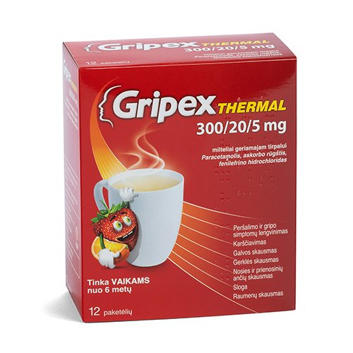 Vaistas nuo peršalimo Gripex Thermal 300/20/5 mg milteliai geriamajam tirpalui, N12 | Mano Vaistinė