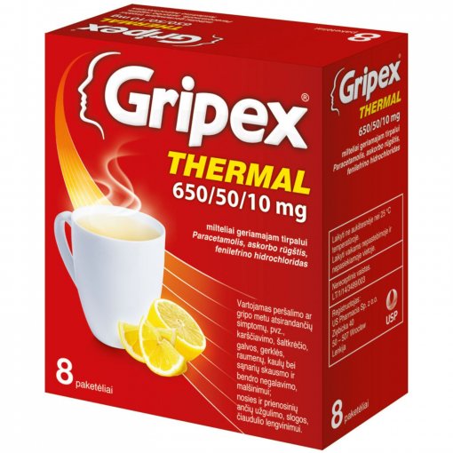 Peršalimo arba gripo simptomų lengvinimui Milteliai geriamajam tirpalui GRIPEX THERMAL, 650/50/10 mg, 8 vnt. | Mano Vaistinė