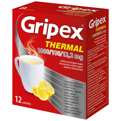 Peršalimo arba gripo simptomų lengvinimui Milteliai geriamajam tirpalui GRIPEX THERMAL, 1000/100/12,2 mg, 12 vnt. | Mano Vaistinė