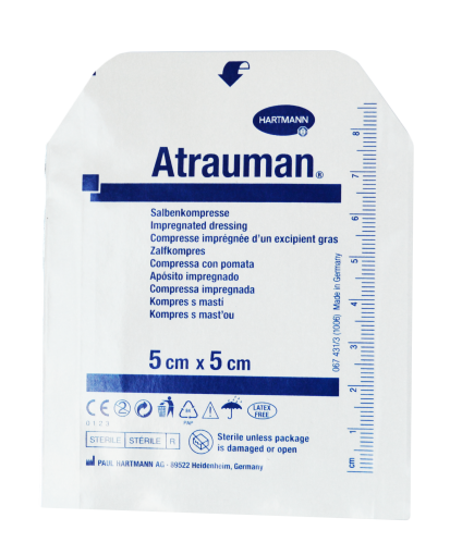 Elastinis ir mobilizacinis tvarstis Hartmann Tvarstis Atrauman, sterilus, impregnuotas, 5 x 5 cm, N1 | Mano Vaistinė