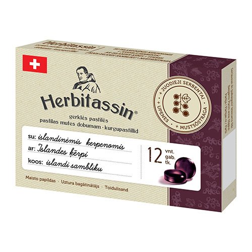 Pastilės gerklei Herbitassin gerklės pastilės su islandinėmis kerpenomis + juodieji serbentai N12 | Mano Vaistinė