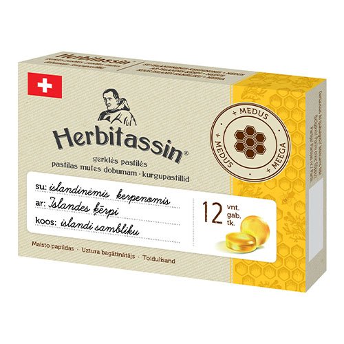Pastilės gerklei Herbitassin pastilės gerklei su islandine kerpena ir medumi, N12 | Mano Vaistinė