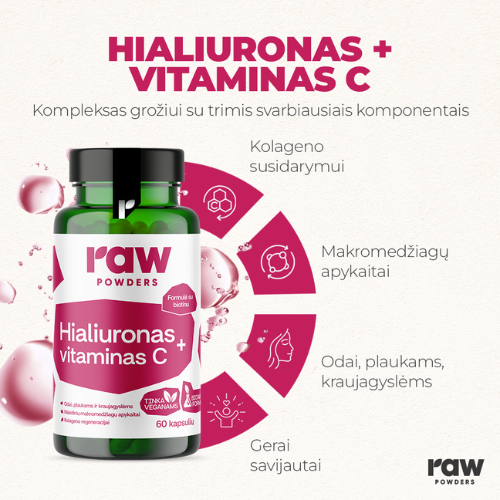 Kompleksas grožiui Hialuronas ir Vitaminas C RAW POWDERS, 60 kaps. | Mano Vaistinė
