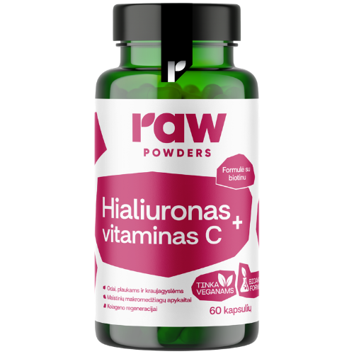 Kompleksas grožiui Hialuronas ir Vitaminas C RAW POWDERS, 60 kaps. | Mano Vaistinė