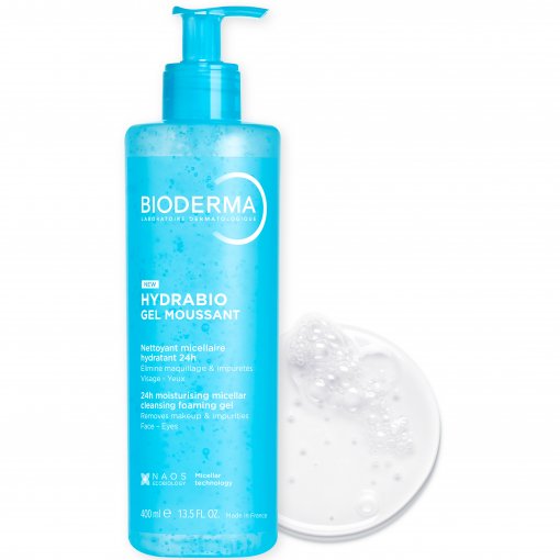 Suteikiantis 24 valandų odos drėkinimą Micelinis gelinis prausiklis dehidratuotai odai BIODERMA HYDRABIO GEL MOUSSANT, 400 ml | Mano Vaistinė