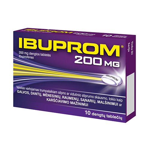 Skausmą, karščiavimą mažinantis vaistas Ibuprom 200 mg dengtos tabletės, N10 | Mano Vaistinė