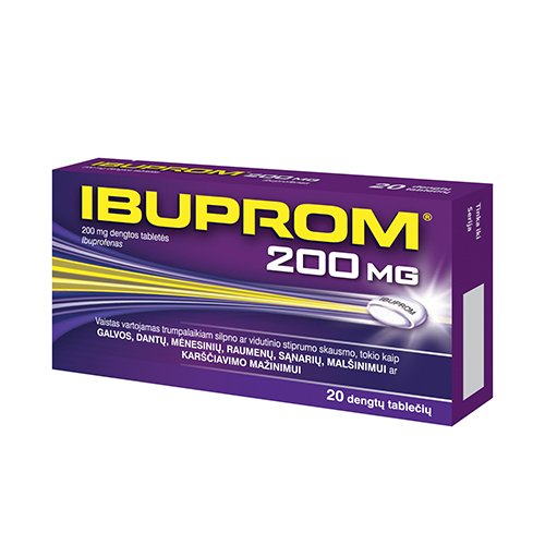 Skausmą, karščiavimą mažinantis vaistas Ibuprom 200 mg dengtos tabletės, N20 | Mano Vaistinė