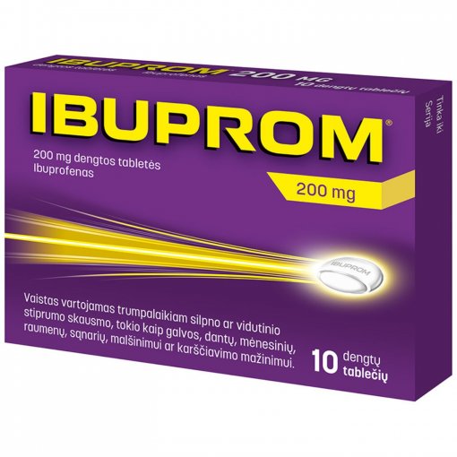 Trumpalaikiam silpnam ar vidutinio stiprumo skausmui, uždegimui malšinti Skausmui, karščiavimui, uždegimui IBUPROM 200 mg, 10 tab. | Mano Vaistinė