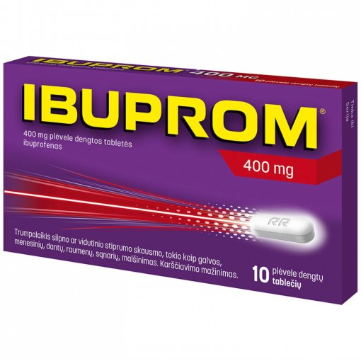 Trumpalaikiam silpnam ar vidutinio stiprumo skausmui, uždegimui malšinti Skausmui, karščiavimui, uždegimui IBUPROM 400 mg, 10 tab. | Mano Vaistinė