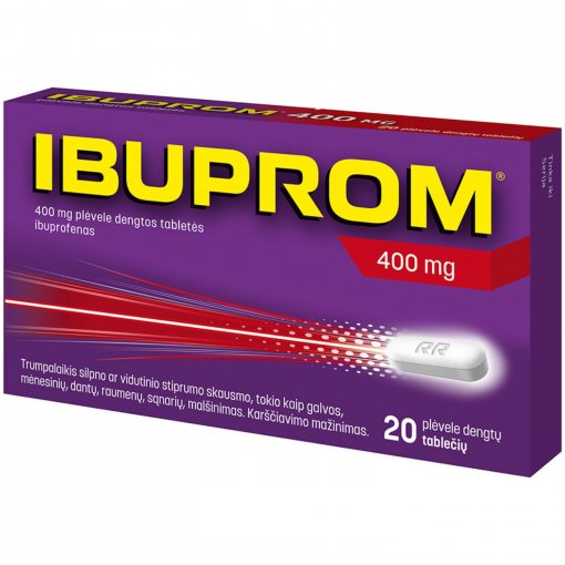Trumpalaikiam silpnam ar vidutinio stiprumo skausmui, uždegimui malšinti Skausmui, karščiavimui, uždegimui IBUPROM 400 mg, 20 tab. | Mano Vaistinė