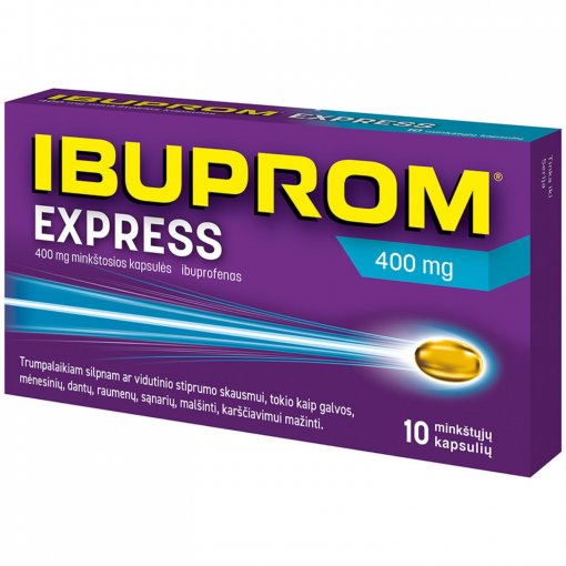 Trumpalaikiam silpnam ar vidutinio stiprumo skausmui, uždegimui malšinti Skausmui, karščiavimui, uždegimui IBUPROM EXPRESS, 400 mg, 10 kaps. | Mano Vaistinė
