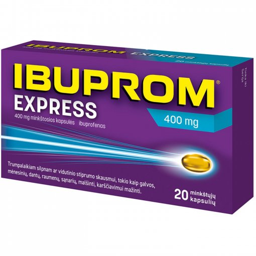 Trumpalaikiam silpnam ar vidutinio stiprumo skausmui, uždegimui malšinti Skausmui, karščiavimui, uždegimui IBUPROM EXPRESS, 400 mg, 20 kaps. | Mano Vaistinė