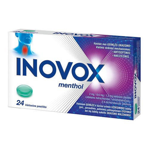 Ryklės skausmą malšinantis vaistas Inovox Menthol 2mg/0,6mg/1,2mg kietosios pastilės, N24 | Mano Vaistinė