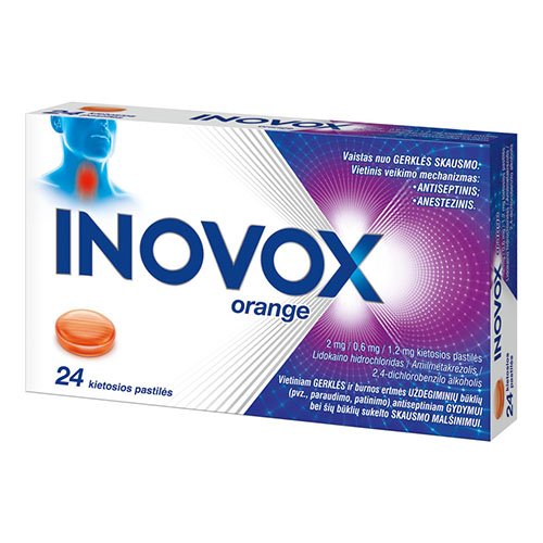 Gerklės skausmo simptomų palengvinimui Inovox Orange 2mg/0,6mg/1,2mg kietosios pastilės N24 | Mano Vaistinė