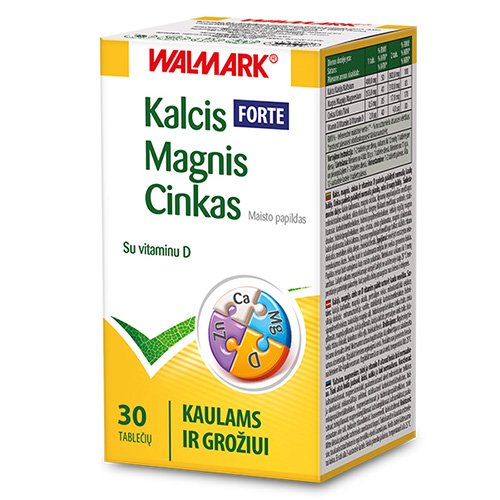 Aukštos kokybės mineralai praturtinti vitaminu D kaulams ir grožiui. Mineralai WALMARK KALCIS MAGNIS CINKAS FORTE Forte, 30 tab. | Mano Vaistinė