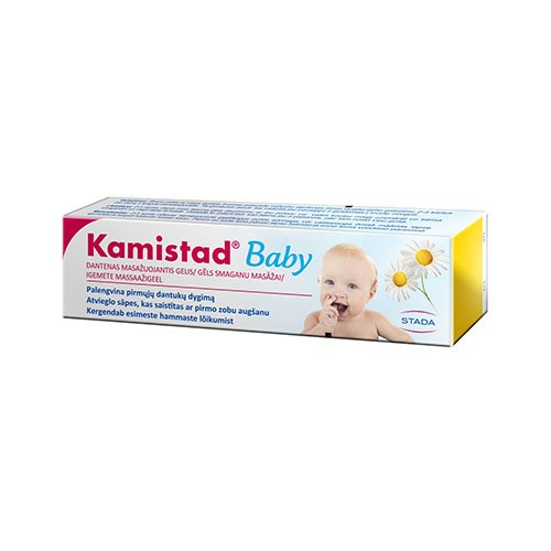 Malonaus skonio gelis su ramunėlėmis palengvina pirmųjų dantukų dygimą Kamistad Baby dantų gelis dygstantiems kūdikio dantukams, 10 ml | Mano Vaistinė