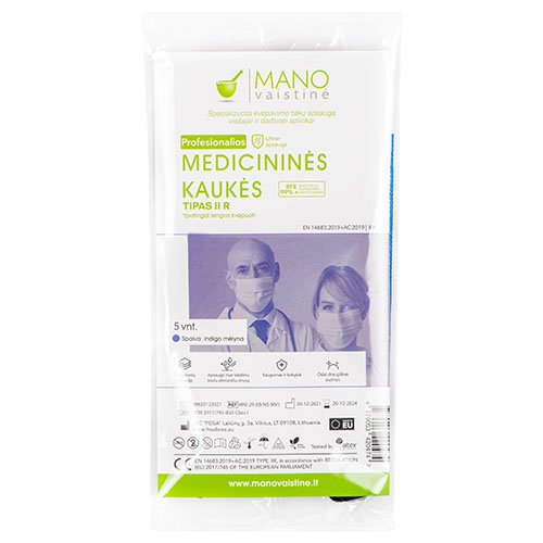 Kaukės medicininės 3 sluoksnių MANO vaistinė 5 vnt. (mėlynos indigo) Kaukės medicininės 3 sluoksnių MANO vaistinė 5 vnt. (mėlynos indigo)