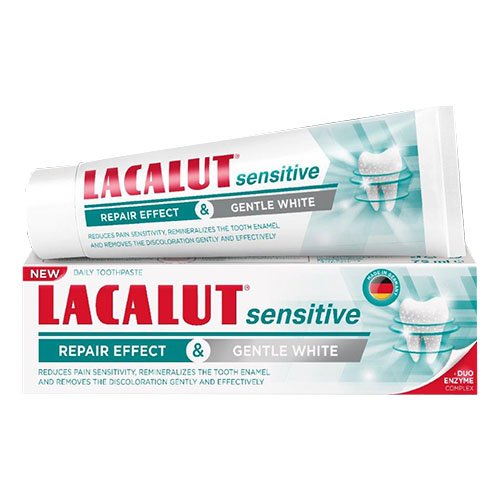 Burnos higienos priemonė Lacalut Sensitive dantenų apsauga ir švelnus dantų balinimas, dantų pasta 75ml | Mano Vaistinė
