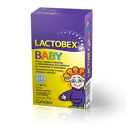 Probiotikai, gerosios žarnyno bakterijos Lactobex Baby milteliai su probiotinėmis bakterijomis, 1 g, N10 | Mano Vaistinė