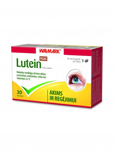 Maistinių medžiagų derinys akims, papildytas zeaksantinu, cinku bei vitaminais A ir E Akims WALMARK LUTEIN PLUS 20mg, 30 kaps. | Mano Vaistinė