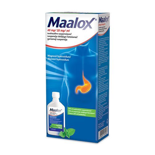 Rėmens ir skrandžio turinio kilimo į stemplę simptomams malšinti suaugusiems ir paaugliams nuo 15 metų. Maalox 40 mg/35 mg/ml geriamoji suspensija, 250 ml | Mano Vaistinė