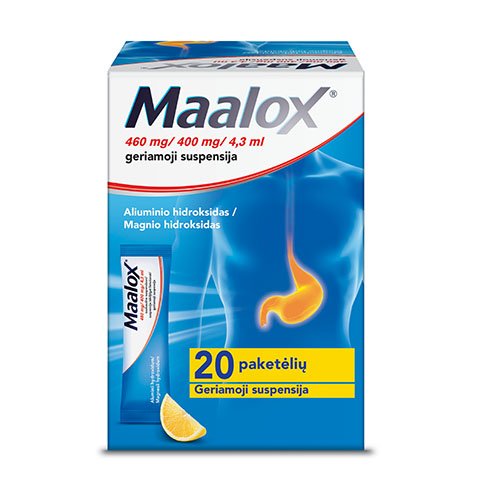 Rėmens ir skrandžio turinio kilimo į stemplę simptomams malšinti suaugusiems ir paaugliams nuo 15 metų Maalox 460 mg/400 mg/4.3 ml geriamoji suspensija, N20 | Mano Vaistinė