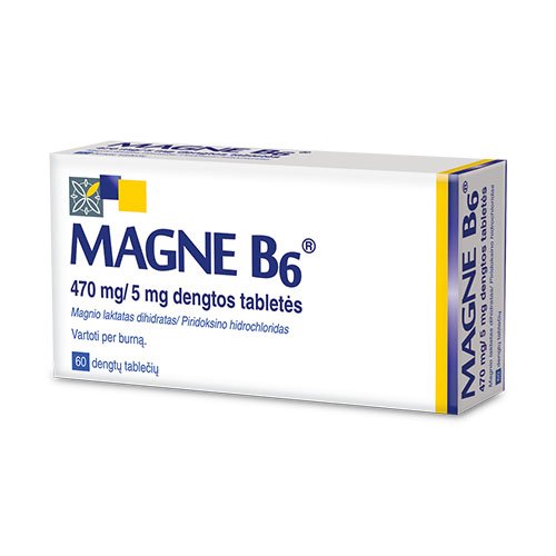 MAGNE B6 tabletės - klinikiniais tyrimais patvirtintas magnio trūkumo sukeltų simptomų gydymas. Tinka vartoti nuo 6 metų. Magne B6 470mg/5mg dengtos tabletės N60 | Mano Vaistinė