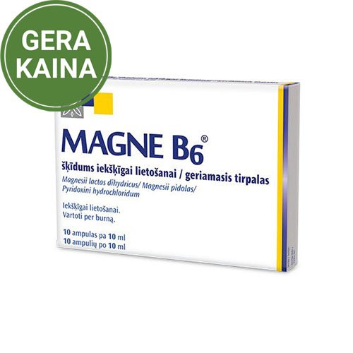 MAGNE B6 ampulės- klinikiniais tyrimais patvirtintas magnio trūkumo sukeltų simptomų gydymas. Tinka nuo 1 metų (sveriantiems daugiau kaip 10 kg). Magne B6 geriamasis tirpalas ampulėse, N10 | Mano Vaistinė