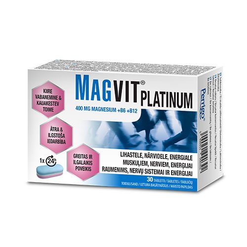 Maisto papildas Magvit Platinum 400mg Magnesium+B6+B12 tab. N30 | Mano Vaistinė