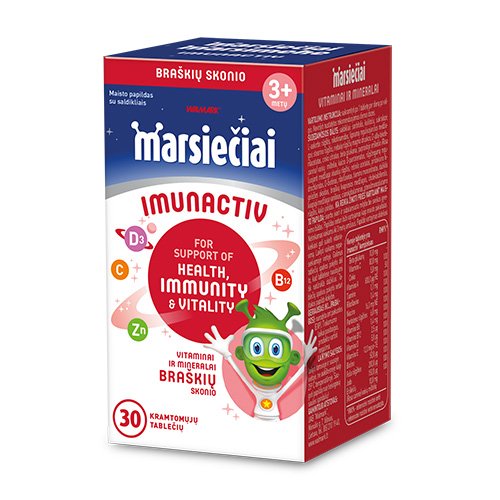 Vitaminų ir mineralų kompleksas vaikų imunitetui. Braškių skonio. Vaikams MARSIEČIAI IMUNACTIV braškių skonio, 30 kramtomų tablečių  | Mano Vaistinė