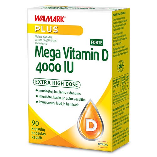 Didelė dozė vitamino D vienoje kapsulėje Vitaminas D WALMARK MEGA VITAMIN D3 FORTE 4000 IU, 90 kaps.  | Mano Vaistinė
