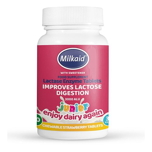 Milkaid Junior kramtomos laktazės fermento tabletės su saldikliu N60   | Mano Vaistinė