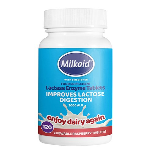 Milkaid kramtomos laktazės fermento tabletės aviečių skonio su saldikliu N120 | Mano Vaistinė