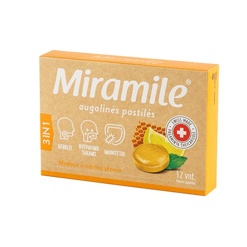 Pastilės gerklei, kvėpavimo takams, imunitetui Miramile citrinų ir medaus skonio kietos pastilės N12 | Mano Vaistinė