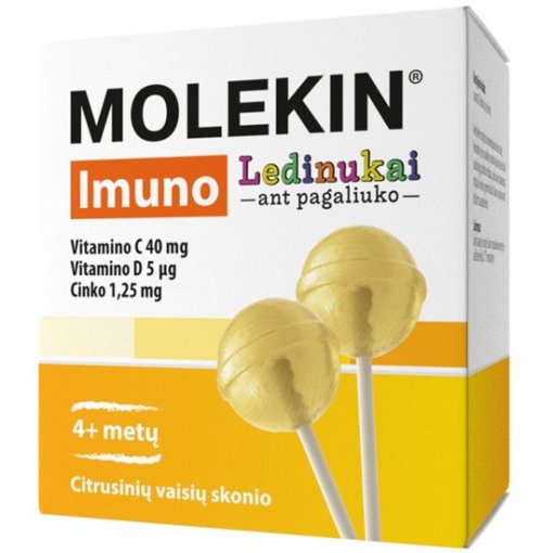 Citrusinių vaisių skonio. Tinka vaikams nuo 4 metų Vitaminų ledinukai MOLEKIN IMUNO, 12 vnt. | Mano Vaistinė
