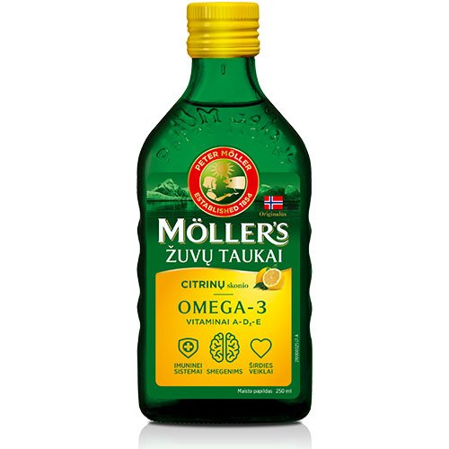 Maisto papildas, žuvų taukai  Mollers žuvų taukai, citrinų skonio, 250 ml (PM) | Mano Vaistinė