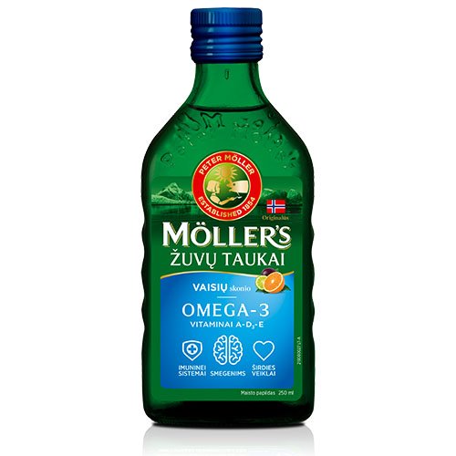 Maisto papildas, žuvų taukai  Mollers žuvų taukai, vaisių skonio, 250 ml | Mano Vaistinė