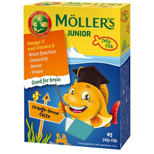 Kramtomi žuvų taukai Moller's  Junior apelsinų - citrinų skonio kapsulės N45 | Mano Vaistinė