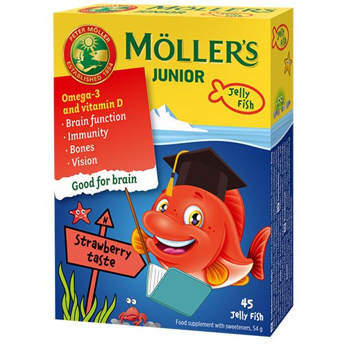 Kramtomi žuvų taukai Moller's  Omega - 3 braškių skonio kramtomos žuvelės N45 | Mano Vaistinė