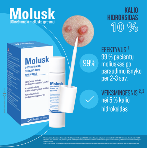 Veiksmingas, greitas ir neskausmingas sprendimas Moliusko pažeidimų vietiniam gydymui MOLUSK 10 %, 3 g | Mano Vaistinė
