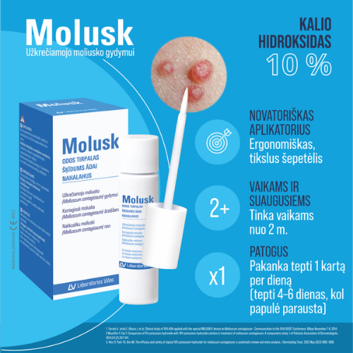 Veiksmingas, greitas ir neskausmingas sprendimas Moliusko pažeidimų vietiniam gydymui MOLUSK 10 %, 3 g | Mano Vaistinė