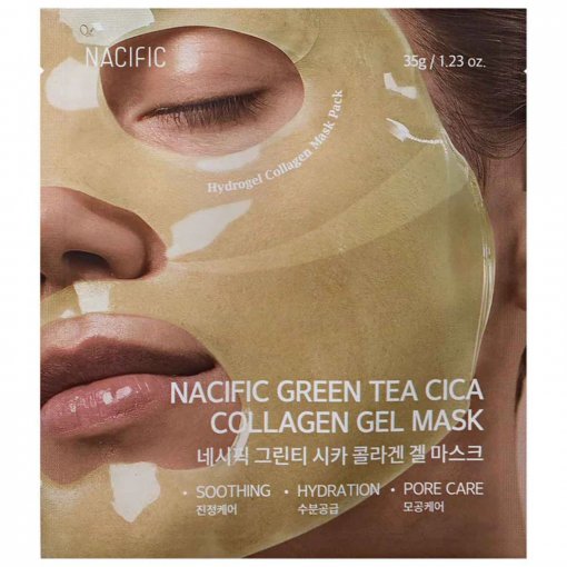 Ramina ir drėkina odą Kolageno gelinė veido kaukė NACIFIC GREEN TEA CICA COLLAGEN GEL MASK, 35 g | Mano Vaistinė