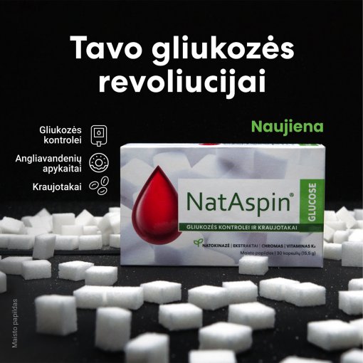 Padeda palaikyti normalią gliukozės koncentraciją kraujyje Gliukozės kontrolei ir kraujotakai NATASPIN GLUCOSE, 30 kaps. | Mano Vaistinė