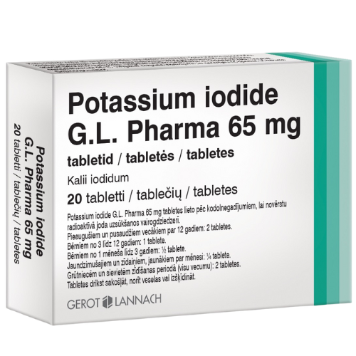 Tabletėje yra 65 mg kalio jodido Kalio jodidas POTASSIUM IODIDE G. L. PHARMA, 65mg, 20 tab. | Mano Vaistinė Tabletėje yra 65 mg kalio jodido Kalio jodidas POTASSIUM IODIDE G. L. PHARMA, 65mg, 20 tab. | Mano Vaistinė