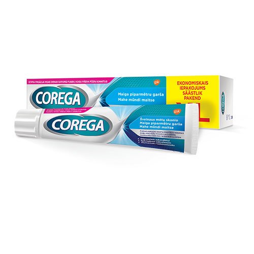 Burnos higiena COREGA fiksuojamasis dantų protezų kremas švelnaus mėtų skonio (stipri fiksacija visą dieną), 70g  | Mano Vaistinė