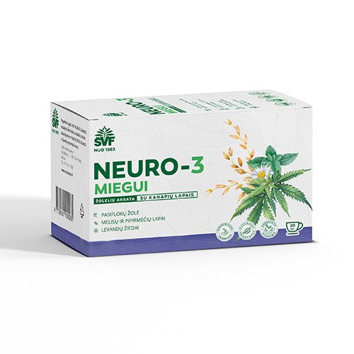 Arbata nervų sistemai, nuo streso, su melisų lapais ir levandų žiedais Neuro-3 miegui žolelių arbata su kanapių lapais ir žiedynais, 1,5 g, N20 | Mano Vaistinė
