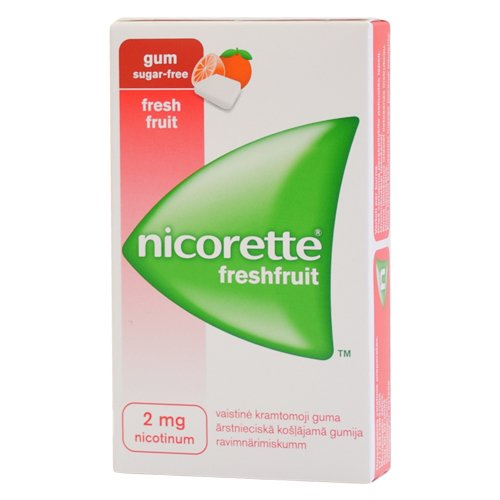 Preparatas rūkymui mažinti Nicorette 2 mg FreshFruit kramtomoji guma, vaistinė, N30 | Mano Vaistinė