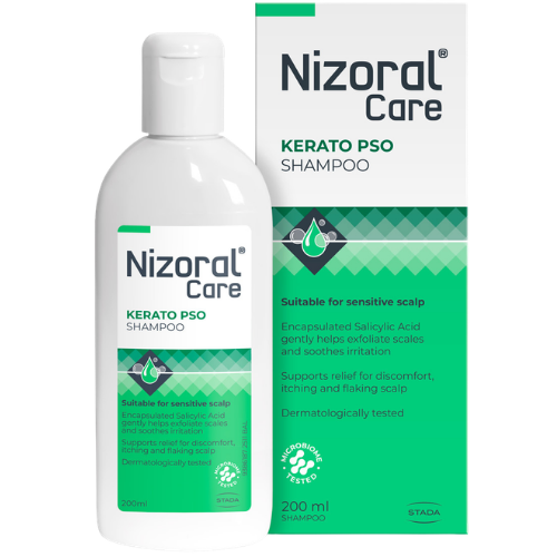 Padeda sumažinti susidariusias pleiskanų sankaupas, nepažeidžiant odos barjero Šampūnas galvos odai, turinčiai polinkį į psoriazę NIZORAL CARE KERATO PSO, 200 ml | Mano Vaistinė