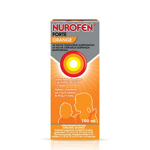 Skausmą, karščiavimą mažinantis vaistas Nurofen Forte 40 mg/ml apelsinų skonio suspensija vaikams, 100 ml | Mano Vaistinė